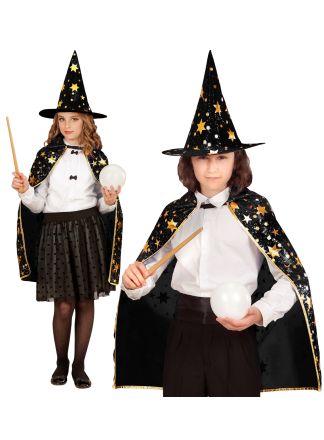 Zwarte tovenaars cape met hoed (2dlg).