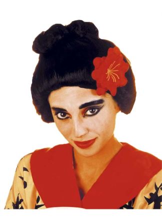 Pruik geisha met bloem   zwart