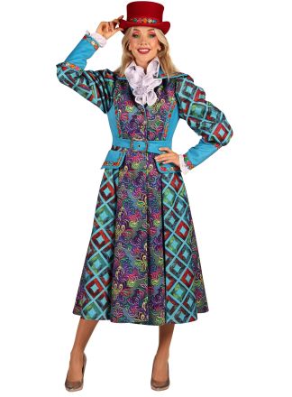 Lange jas Dame "Flower Square" blauw