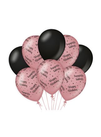 Balloons Rose/black Happy Birthday 8stuks