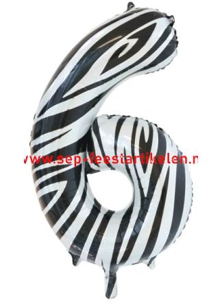 Folieballon 86cm. zebra cijfer 6 (excl helium).