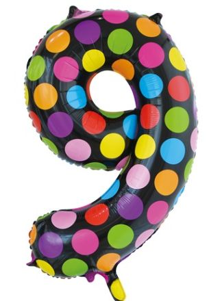 Folieballon 86cm. dots cijfer 9 (excl helium).
