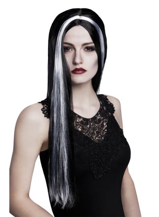 Heksen pruik extra lang zwart-wit