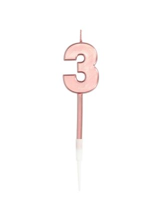 Kaars Cijfer 3 Rosegoud Metallic 14cm.