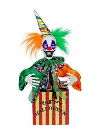 Jumping en laughing clown in box 37cm.