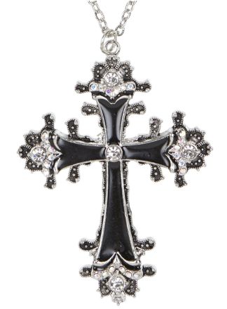 Deluxe zwarte ketting met kruis met strass steentjes