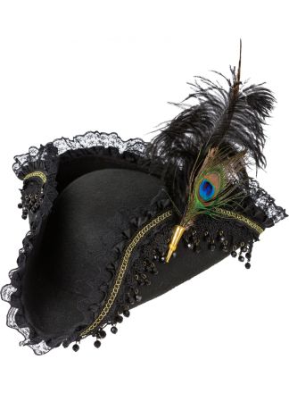 Zwarte driespits hoed met veren