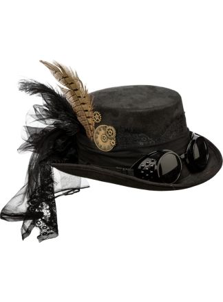 Steampunk hoge hoed met bril zwart