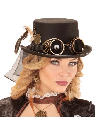 Steampunk hoed met decoratie en bril