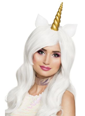 Unicorn pruik wit oren en gouden hoorn