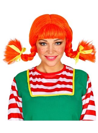 Oranje Pippi langkous pruik volwassen