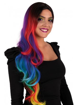 Dames pruik Selena felle regenboog kleuren