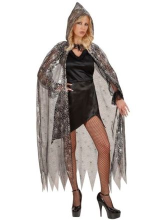 Luxe Spiderweb cape met capuchon 136cm.