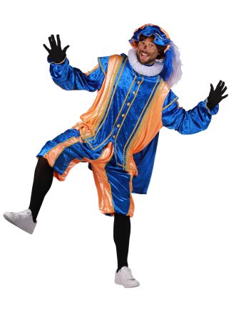 Pietenpak velour met cape blauw-oranje