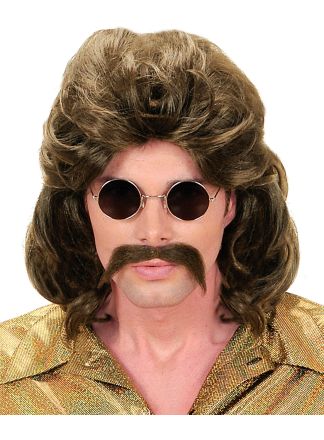 Pruik 70's man met snor bruin