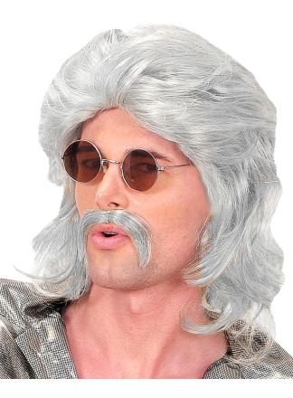 Pruik 70's man met snor grijs