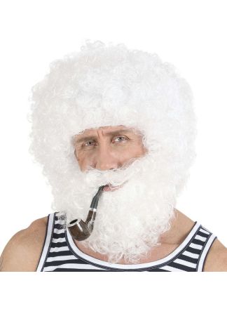 Witte pruik met krullen baard