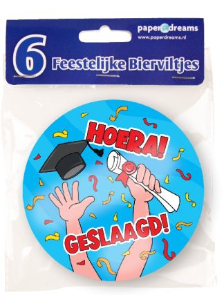 6 Bierviltjes Geslaagd cartoon (10x10cm.)