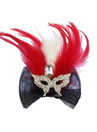 Broche met oogmasker en veren rood/wit