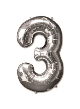 Folieballon zilver 92cm. cijfer 3 (excl.helium)