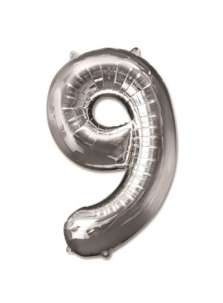 Folieballon zilver 92cm. cijfer 9 (excl.helium)