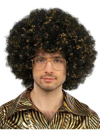 Disco Zwarte Afro pruik met goud