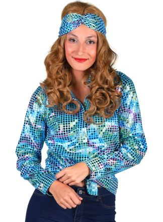 Dames disco blouse pailletten turqoise