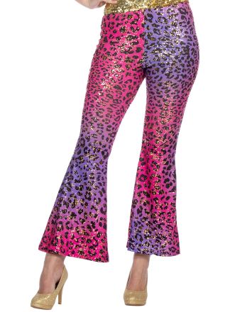Flared dames broek panter goud-paars