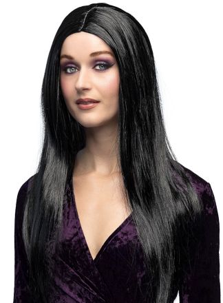 Lange zwarte heksenpruik