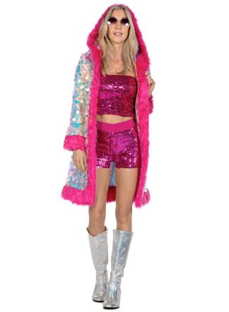 Holografische lange jas met roze bont (one size)