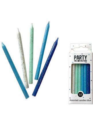 Kaarsjes Blauw zilveren glitters 16stuks