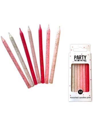 Kaarsjes roze 9,5cm. zilveren glitters 16stuks