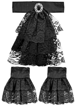 Zwarte kanten jabot en mouwen