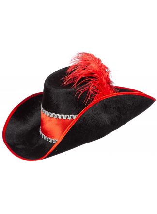 Zwarte Musketiershoed met rode veer