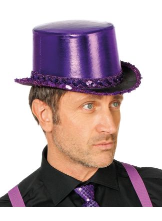 Hoge hoed paars met pailletten band (unisex)