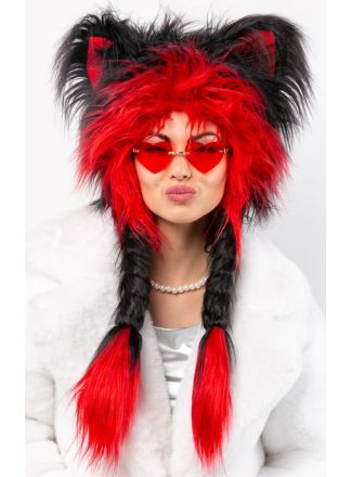 Pluche muts kat zwart-rood