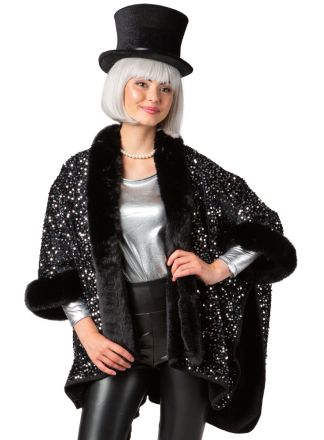 Pailletten poncho zilver-zwart (one size)