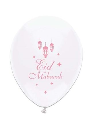 6 Ballonn Eid Mubarak wit/roze 30cm