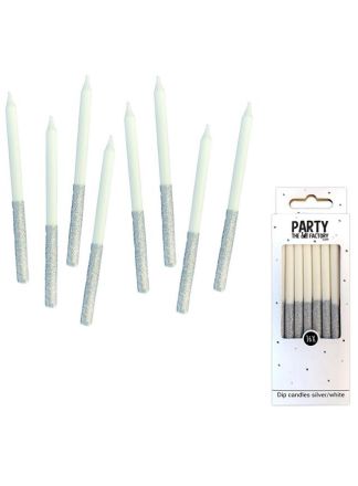 Kaarsjes 9,5cm. Glitterdip wit/zilver 16stuks
