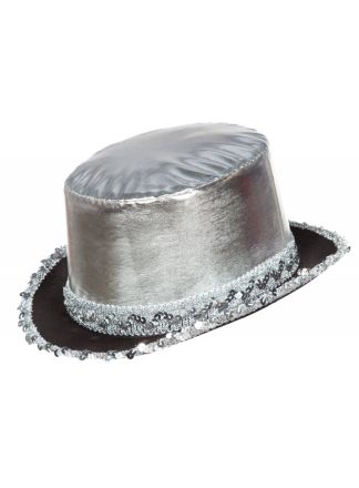 Hoge hoed zilver met pailletten band (unisex)